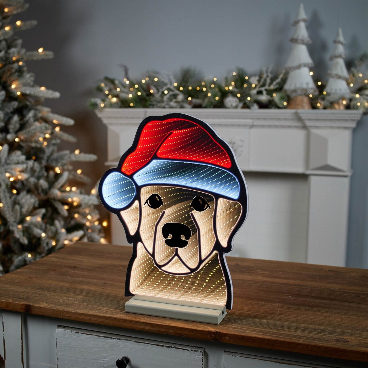 Melrose LED Lighted Dog with Santa Hat Christmas Infinity Mirror - 16.5"